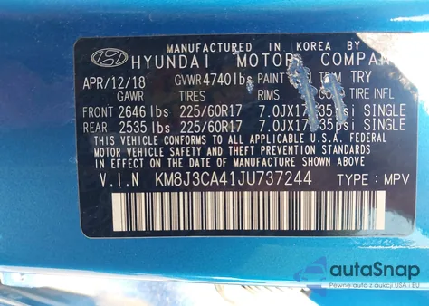 2018 Hyundai Tucson Sel z USA, uszkodzony, nr VIN KM8J3CA41JU737244